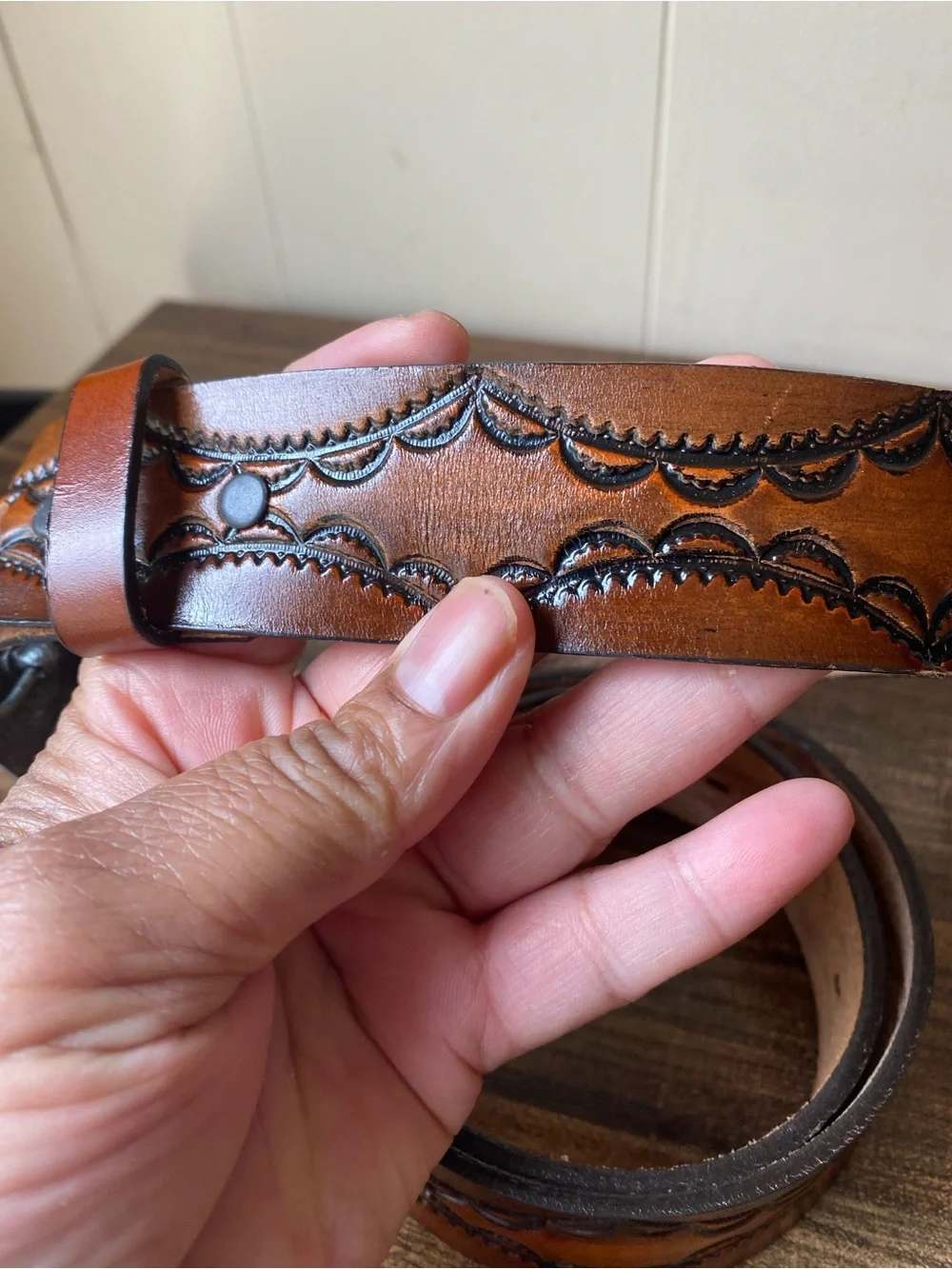 Vintage Hand Tooled Leather Belt, 36”